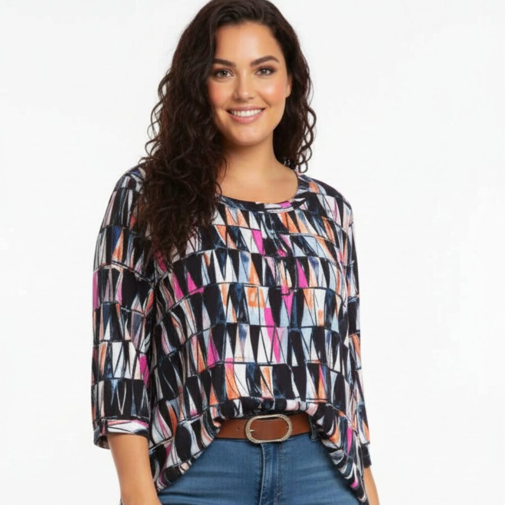 NYDJ Plus 3X Abstract Tunic Blouse NWOT Asymmetrical Hem Multi Color